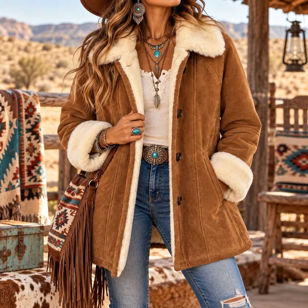 Marvin Richards Genuine Leather Coat Women’s L Shearling-Lined Western Boho